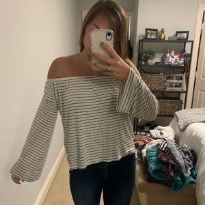 White with black stripes off the shoulder top